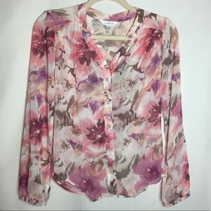 Charming Charlie Sheer Pink Floral Button Up L/S